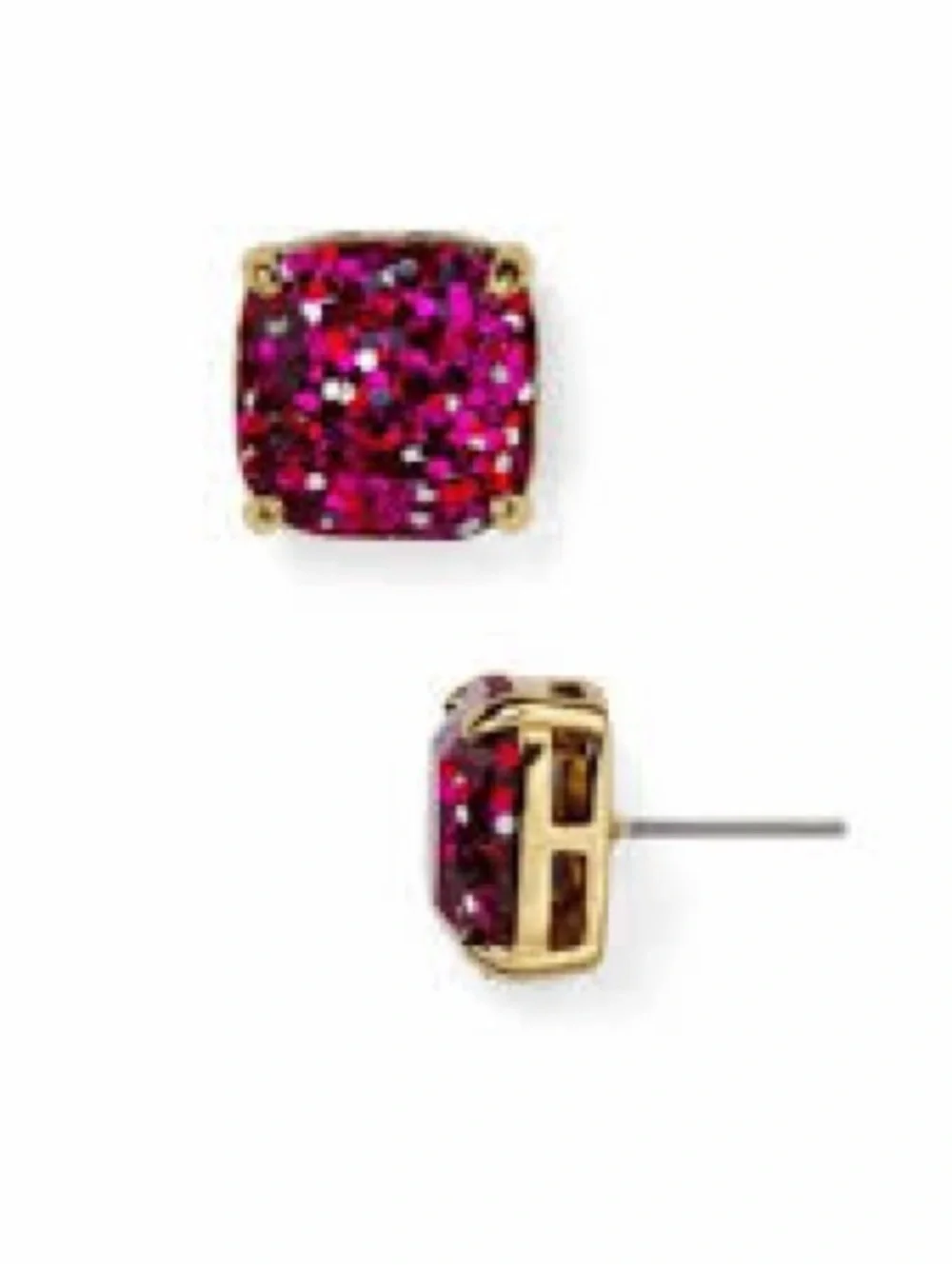 NWT Kate Spade Mini Square Glitter Stud Earrings Pink Fuchsia Gold